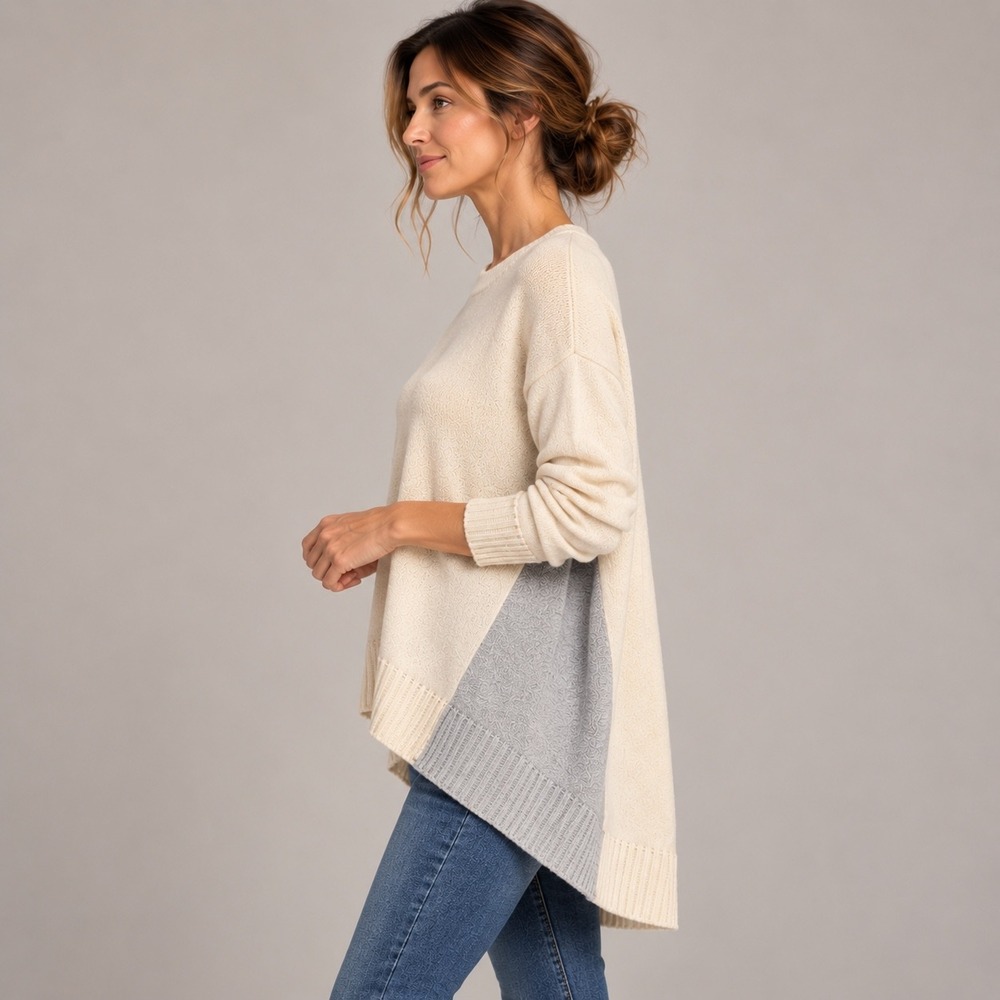 Eileen Fisher XXS XS Cream Gray Colorblock High Low Sweater Tunic Quiet Luxury - Picture 4 of 13
